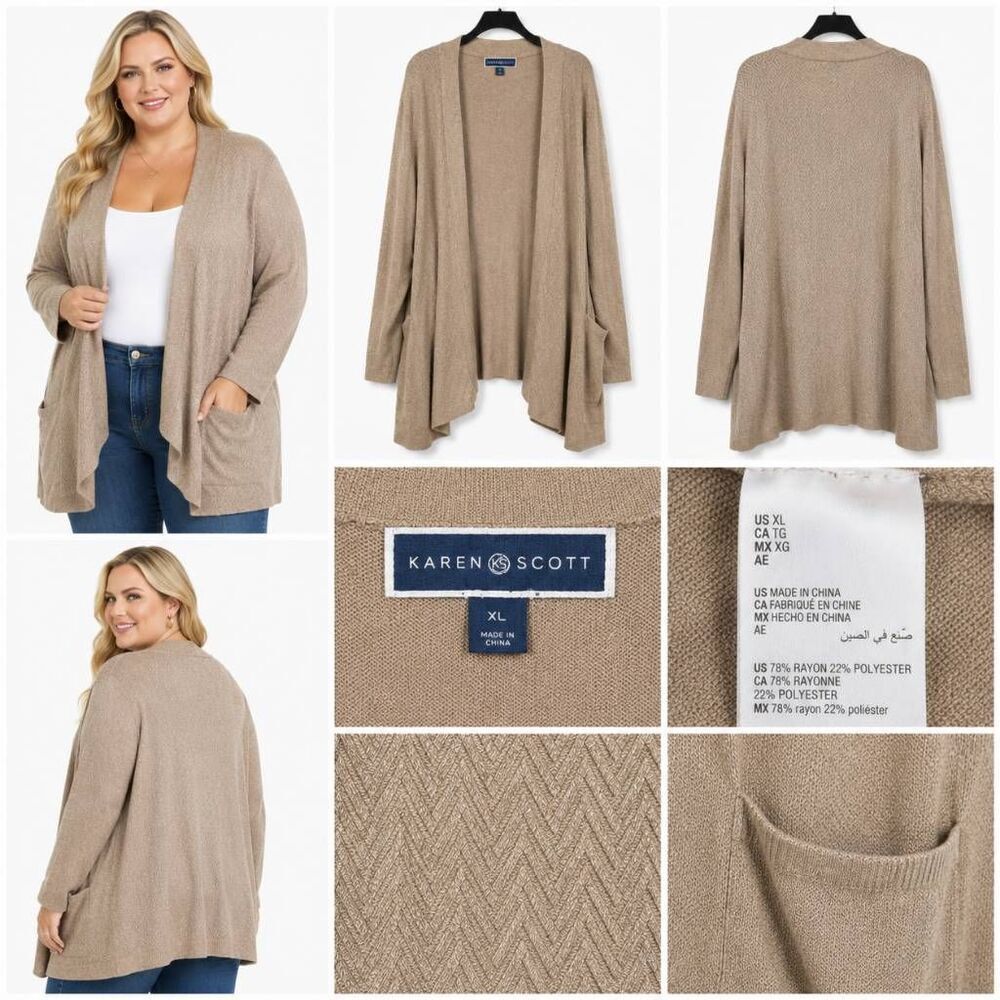 Karen Scott Open Cardigan XL Tan Long
